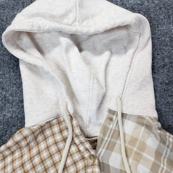 American Eagle Cropped‎ Hooded Multicolor Brown And Tan Flannel Shirt Size Small - Picture 9 of 16